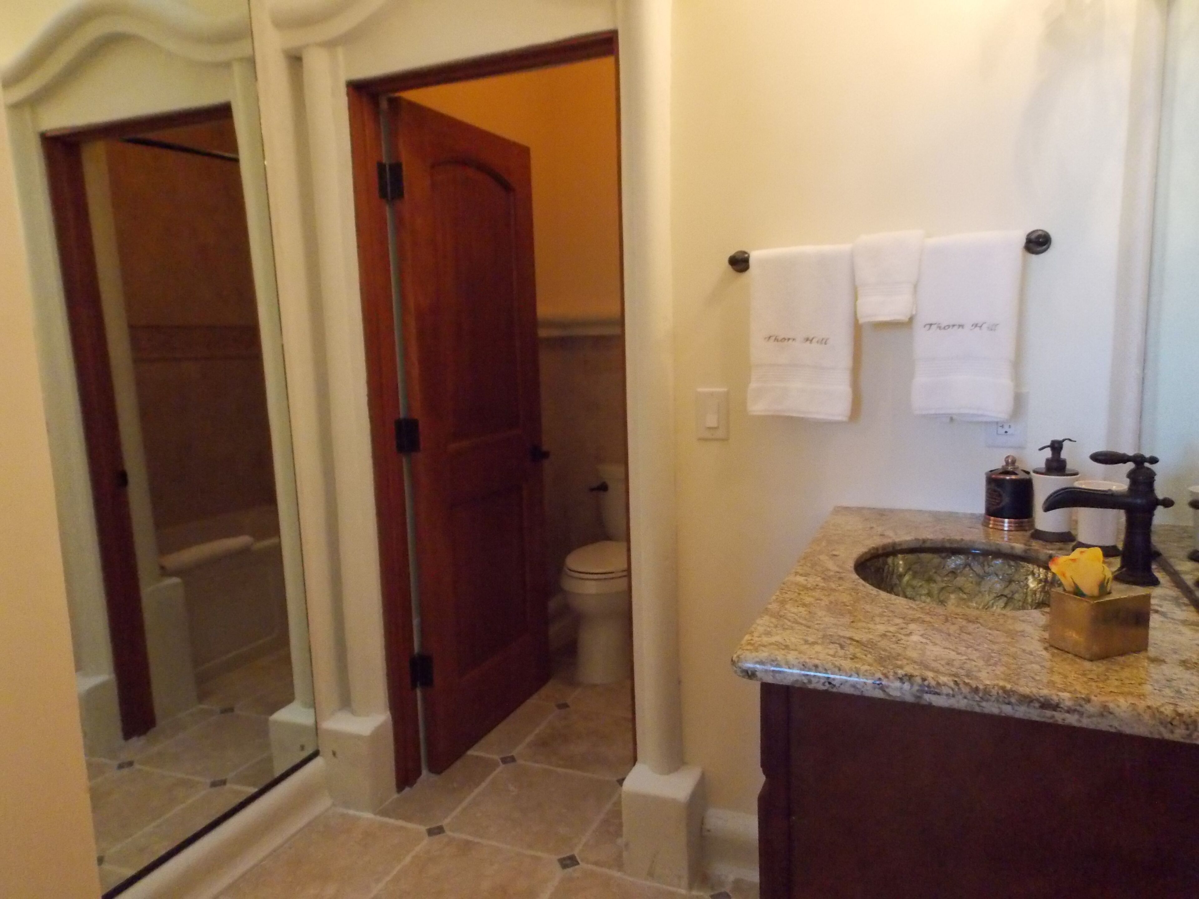 A bathroom with a marble sink, a toilet, and a shower area.