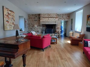 TV, fireplace, ping pong, books