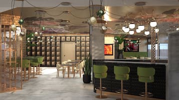 A modern interior with a bar area, seating, and a wall of decorative masks.