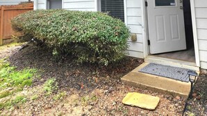 A two-story residential building with a front door, a small porch, and a well-maintained hedge. - Cozy Treasure Home with private entrance (Buford)