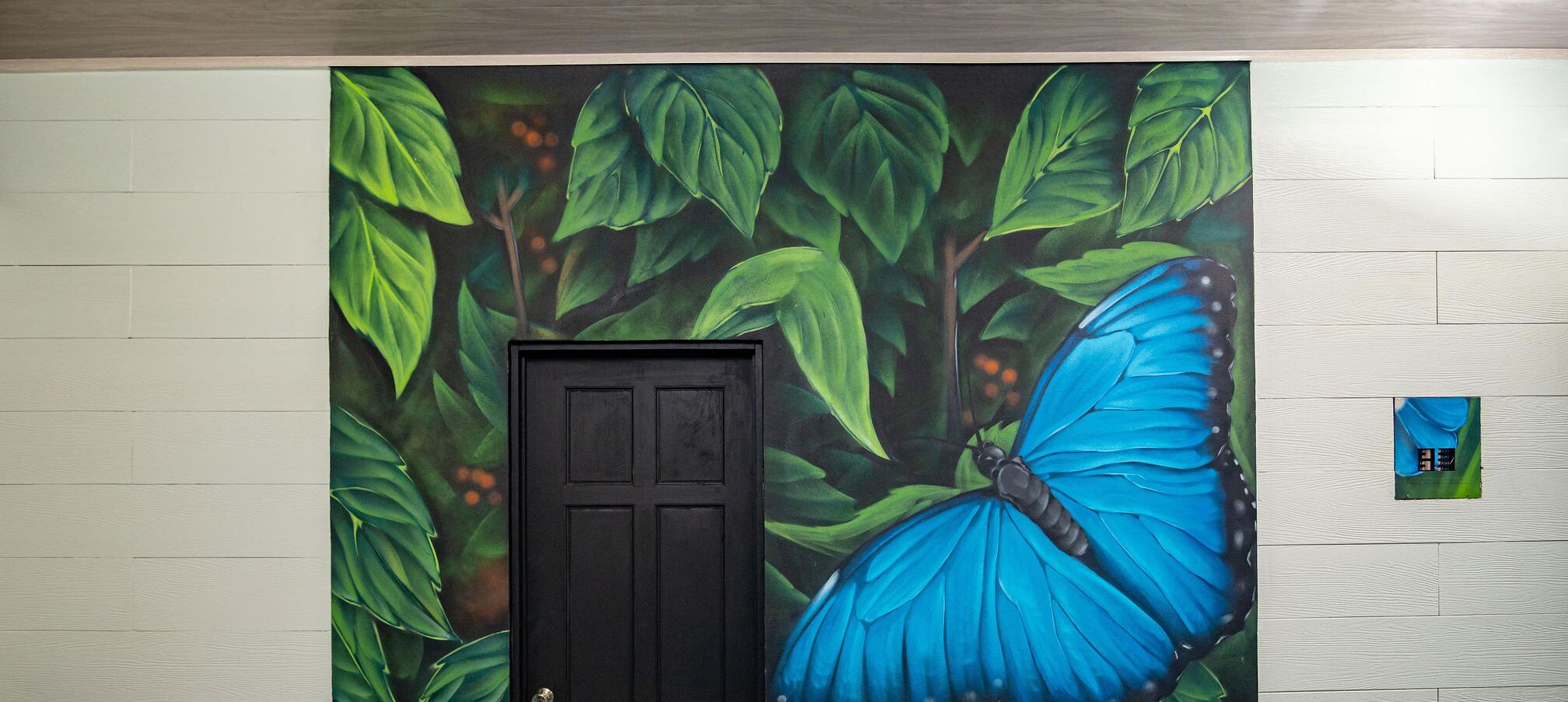 Puerta con un mural de una mariposa azul y hojas verdes.