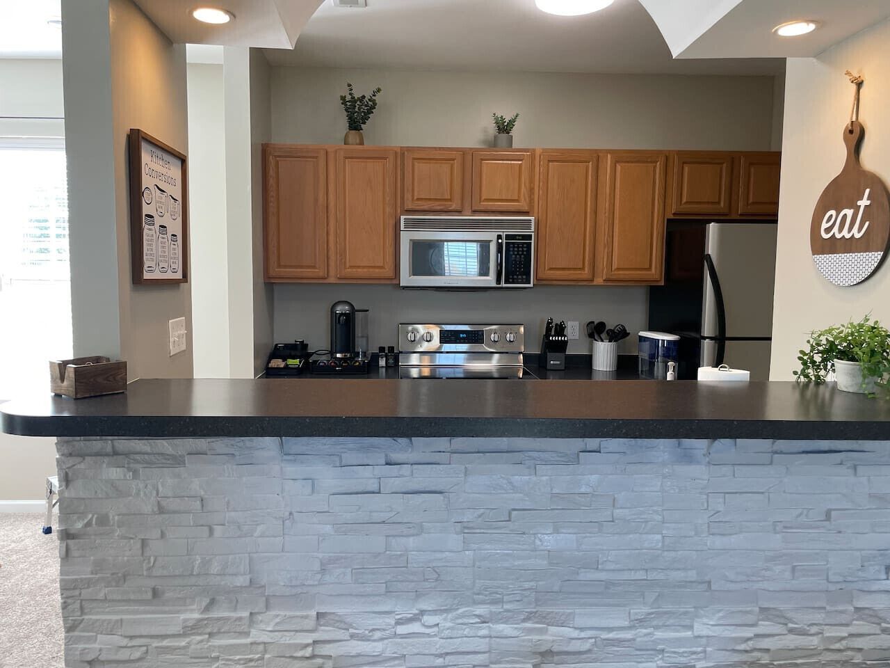 Fridge, microwave, oven, dishwasher