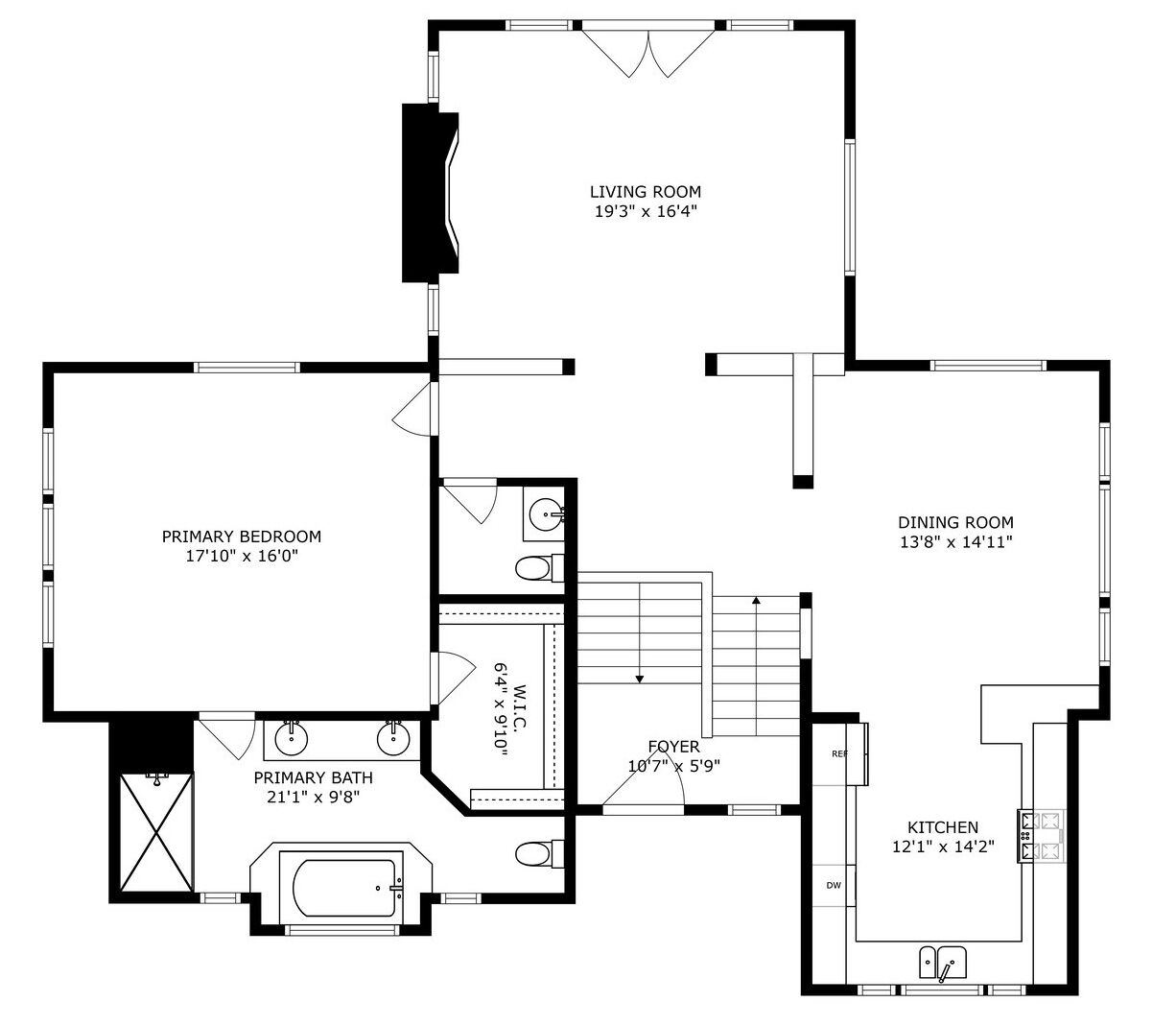 Un plan d’étage comprenant un salon, une salle à manger, une cuisine, une chambre principale et une salle de bain principale.