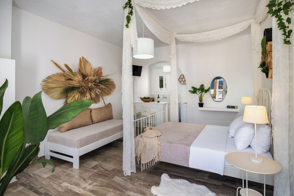A bedroom with a canopy bed, a bedside table, a chair, a sofa, and a large potted plant.
