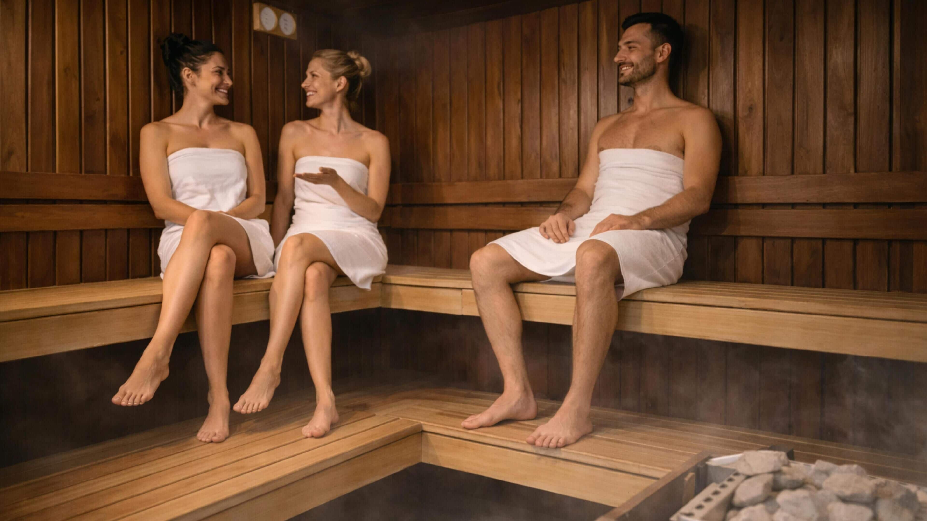 Tres personas sentadas en bancos de madera dentro de un sauna con suelo de piedra.