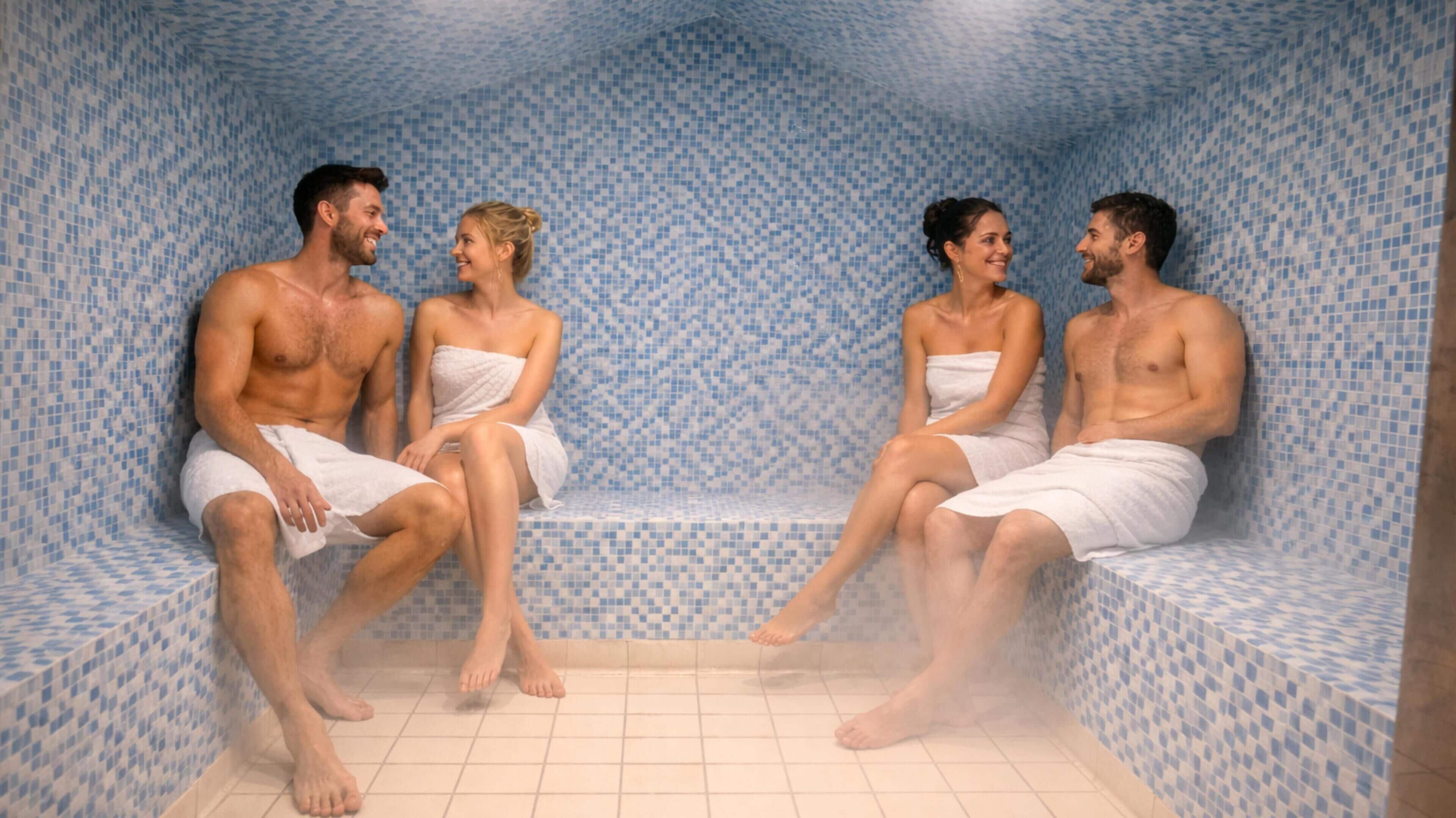 A room with four people seated on benches, tiled walls, and a tiled floor.