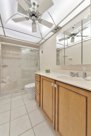 Shower, towels, toilet paper