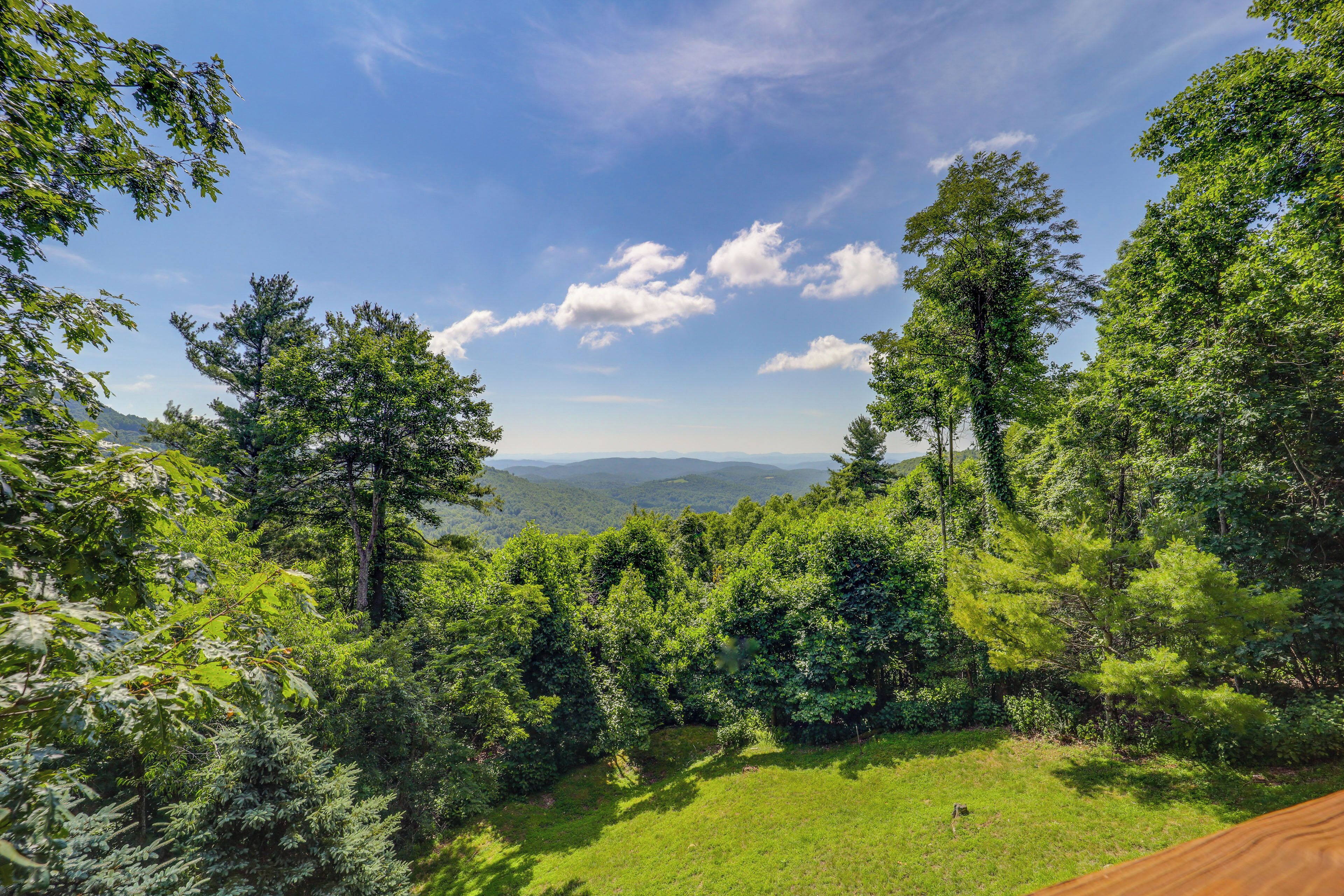 A lush green landscape with dense trees and a clear sky.