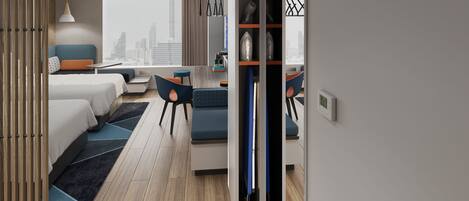 A modern hotel room with a bed, seating area, and a view of the city.