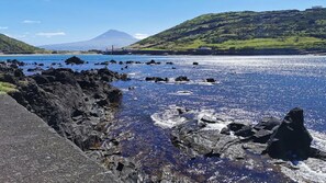 A coastal landscape with rocky terrain and a clear view of a mountain in the background.