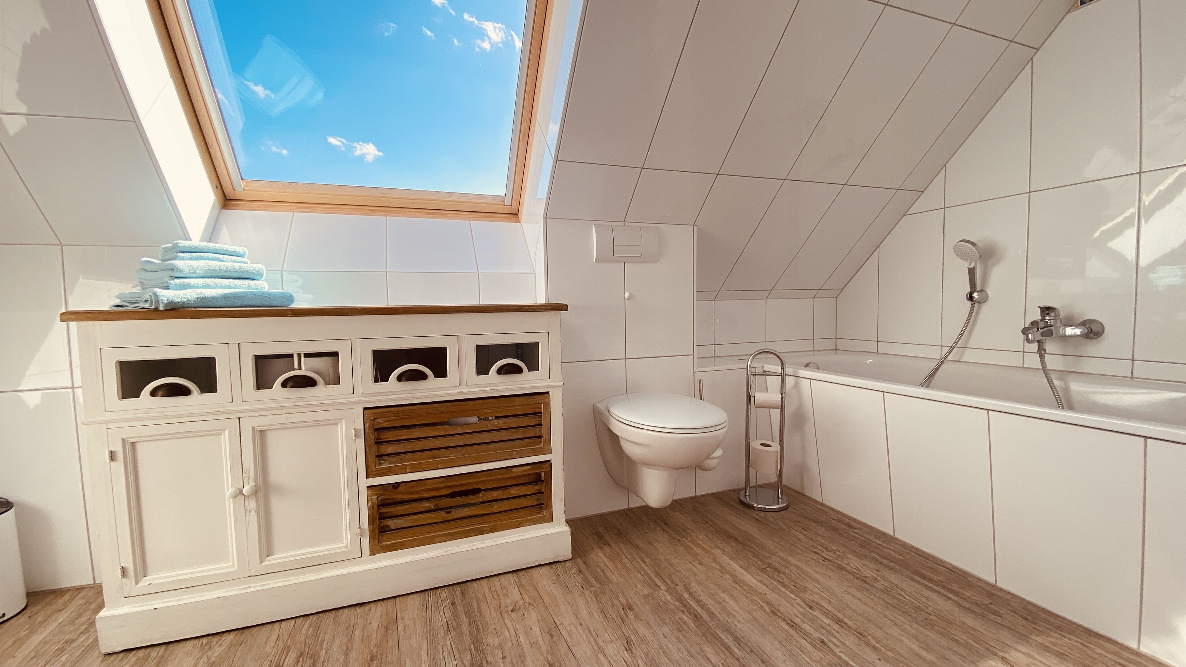 A modern bathroom with a skylight, a toilet, a shower, and a vanity with storage.