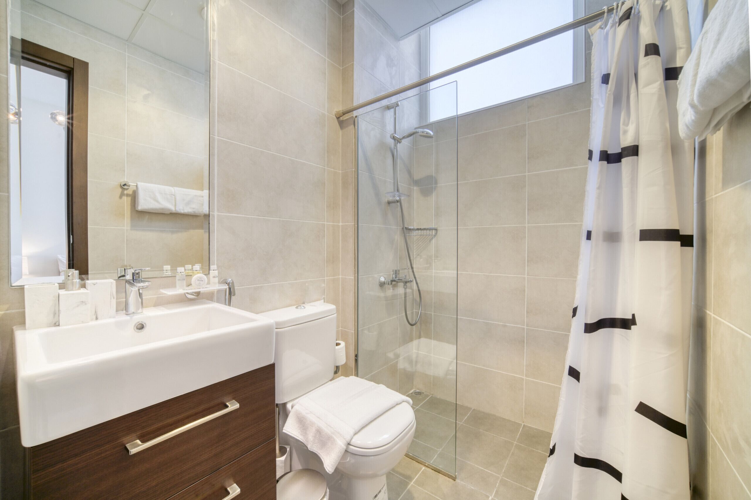 Shower, hair dryer, bidet, towels