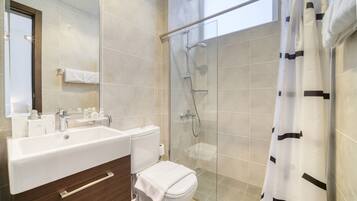 Shower, hair dryer, bidet, towels