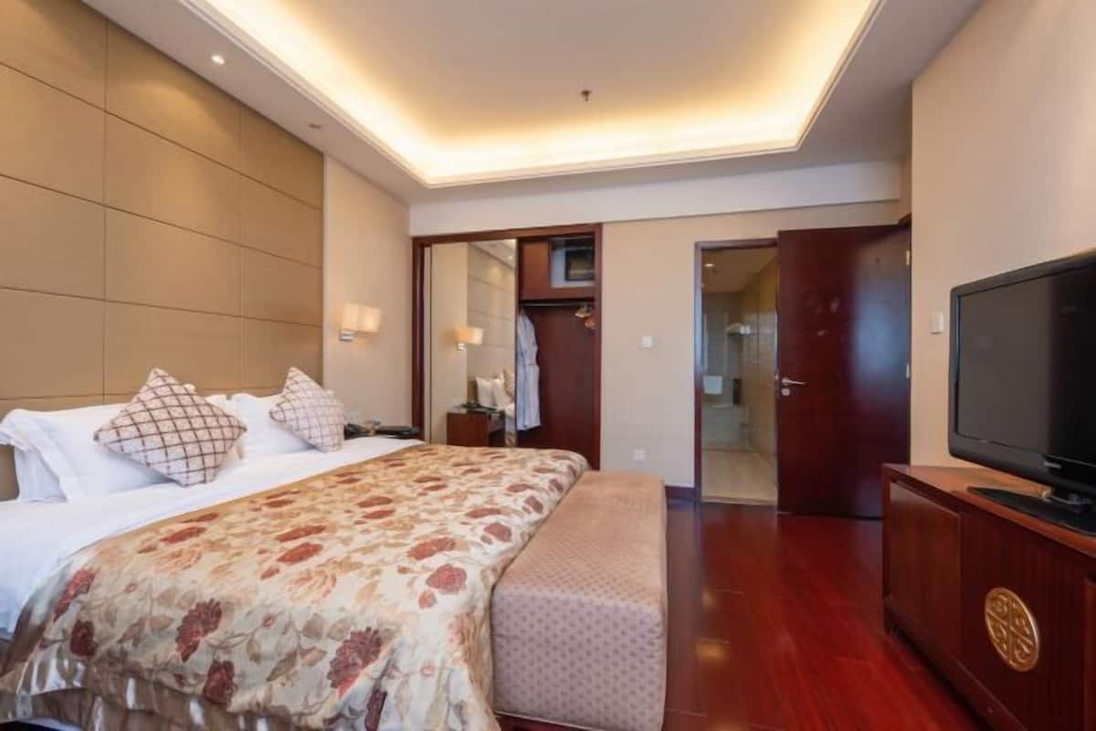 Habitación de hotel con una cama, televisor, armario y un baño visible a través de una puerta abierta.