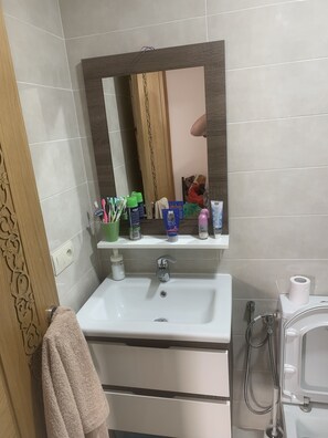 Douche, sèche-cheveux, serviettes fournies, savon