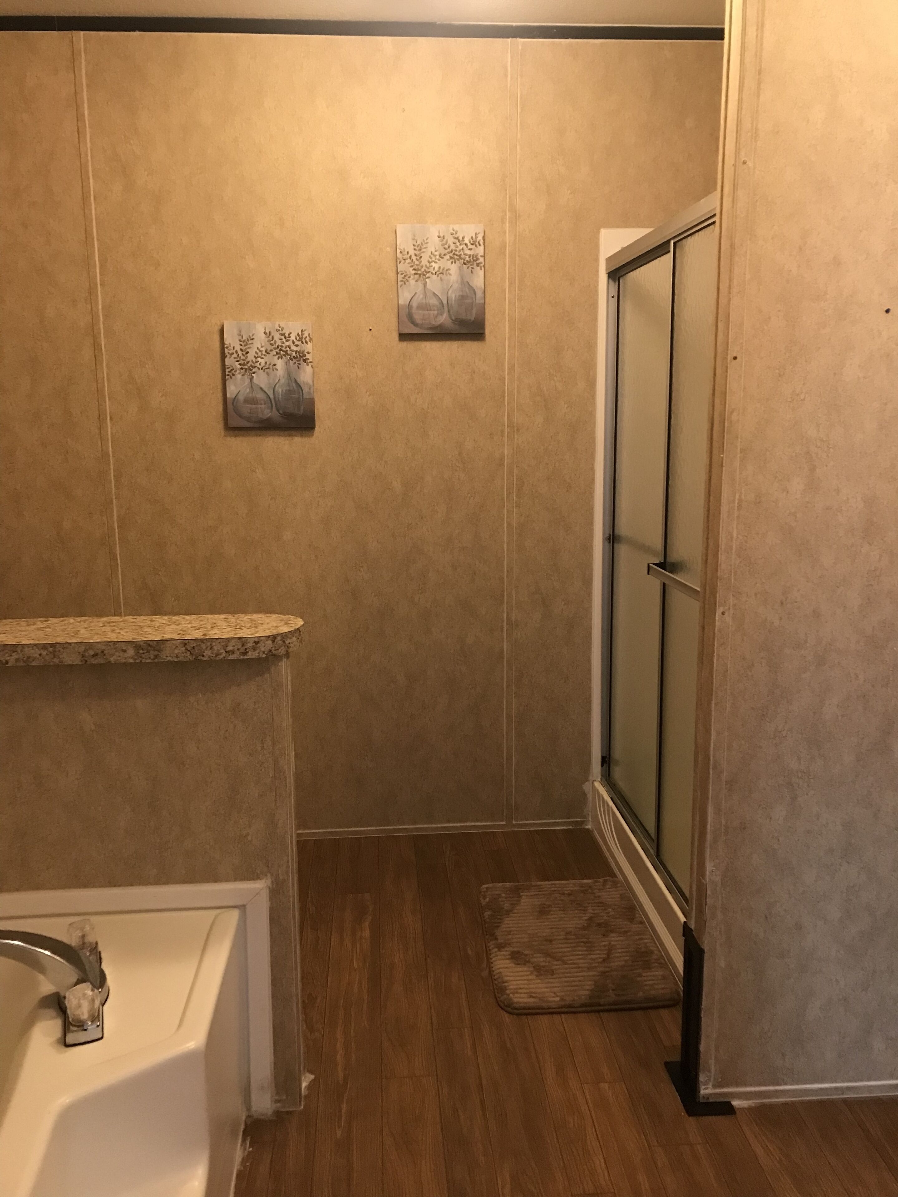 Une salle de bain équipée d’une douche, d’un lavabo et de deux tableaux accrochés au mur.