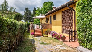 A yellow house with a stone pathway leading to a door, surrounded by greenery and potted plants.