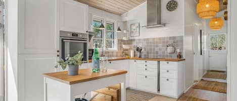 Fridge, stovetop, dishwasher, coffee/tea maker