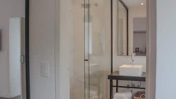A modern bathroom with a glass shower enclosure, a white sink, and a mirror above it.