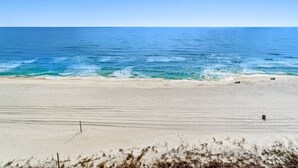 A beach with a clear sky, calm sea, and a sandy shore.