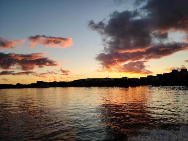 A sunset over a calm body of water with a silhouette of buildings in the background. - The Nest: Beautiful Newfoundland Sanctuary (Champney's)