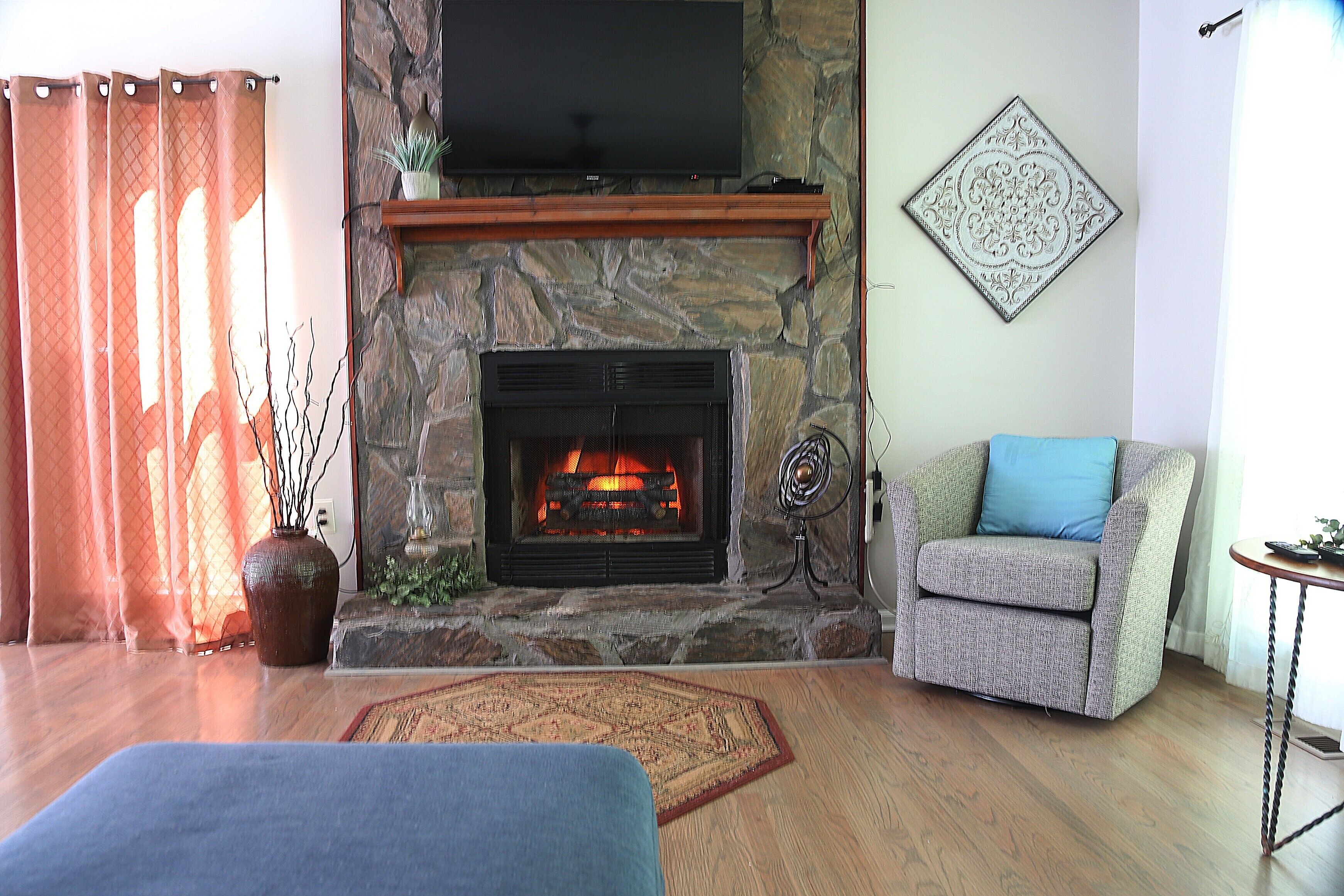 Smart TV, fireplace, books