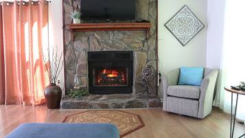 Smart TV, fireplace, books