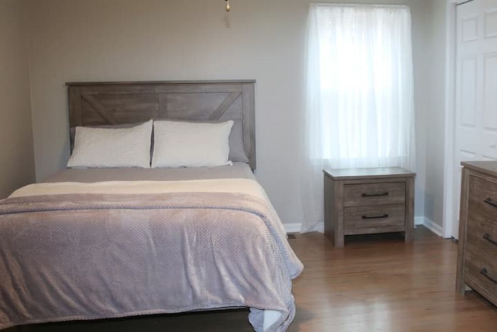 #1 Bedroom - Master on the Main with private bathroom.  Grey comforter