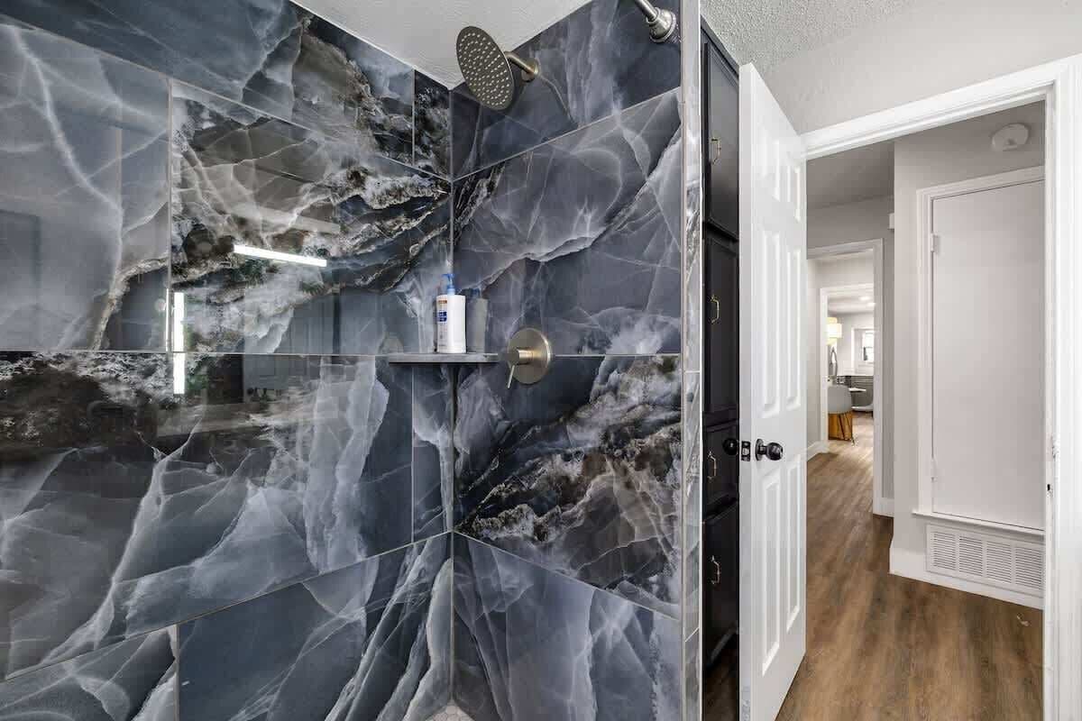 Shower, hair dryer, shampoo