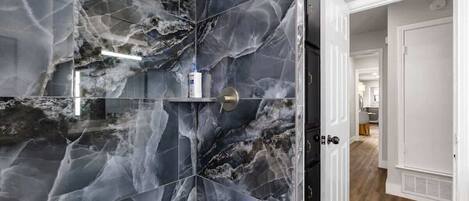 Shower, hair dryer, shampoo