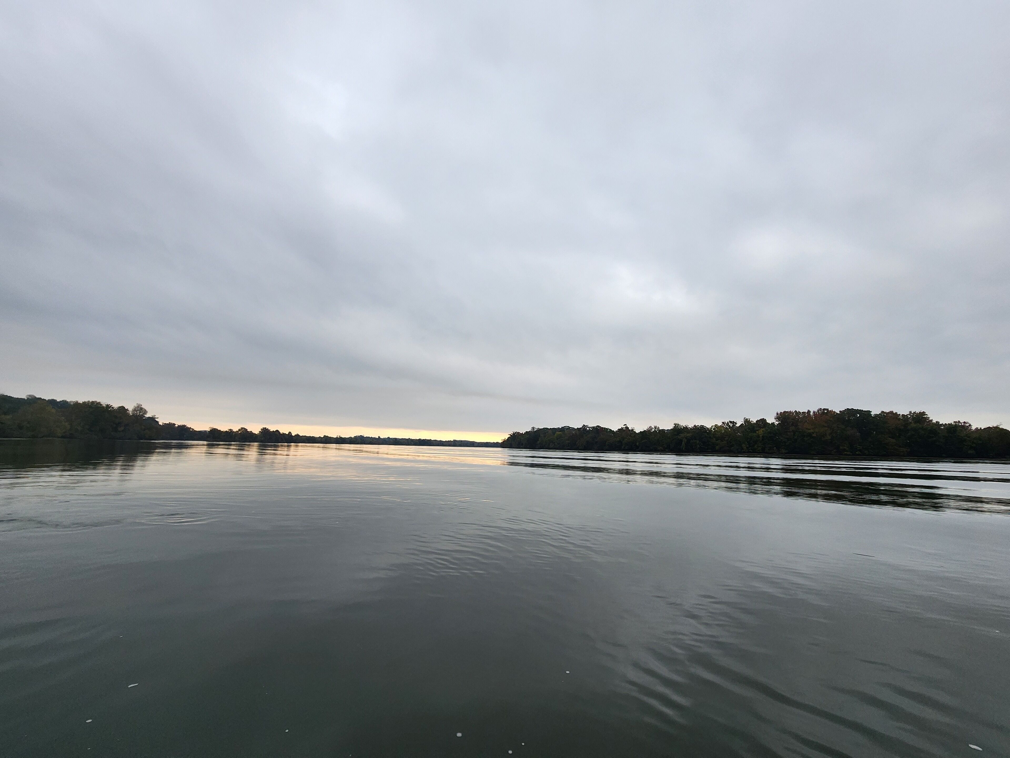 Une rivière paisible, bordée d’une forêt, sous un ciel nuageux.