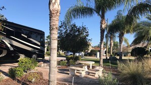 A residential area with a paved driveway, palm trees, a barbecue grill, and a picnic table. - Motorhome Pad - Mt. Olive Shores North (Polk City)