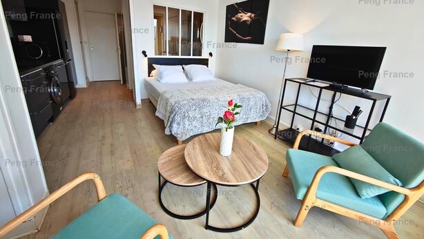 A modern bedroom with a bed, bedside table, lamp, TV, and seating area. - Apartment "DESOBEISSANCE" (LE CAP D AGDE)