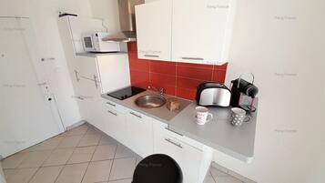 Fridge, microwave, oven, cookware/dishes/utensils