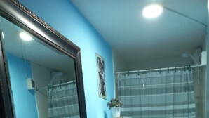 Un baño con lavamanos blanco, espejo y retrete. Hay una cortina de ducha y un estante pequeño con una planta.
