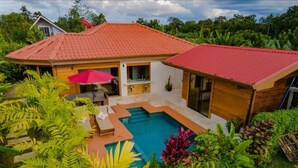 Une maison avec une piscine, entourée d’une végétation luxuriante et dotée d’une dépendance au toit rouge.