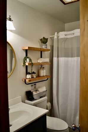 Secador de cabelo, toalhas de banho, sabonete, shampoo