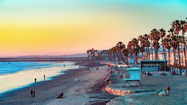 A beach with people, palm trees, and a lifeguard tower. - *Moonlight Cinema* - 15 min to Legoland! (Vista)