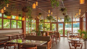 Un restaurante con mobiliario de madera, plantas colgantes y amplios ventanales que ofrecen vistas a zonas verdes y colinas.