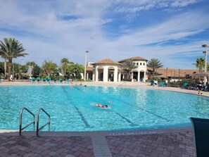 A swimming pool with clear lanes, surrounded by lounge chairs and palm trees.