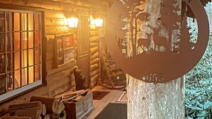 Un rustico chalet con facciata in legno, un portico con legna impilata e un cartello che riporta la scritta "PIPPIN CABIN".