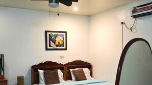 Une chambre avec deux lits, un ventilateur de plafond, un tableau encadré au mur et un appareil de climatisation.