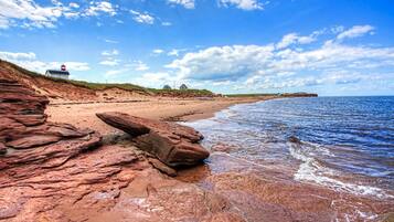 Tæt på stranden, liggestole, badehåndklæder