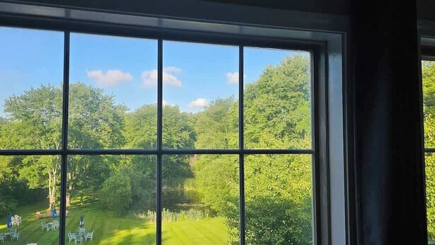 Vista a través de una ventana con cielo despejado y abundante vegetación.