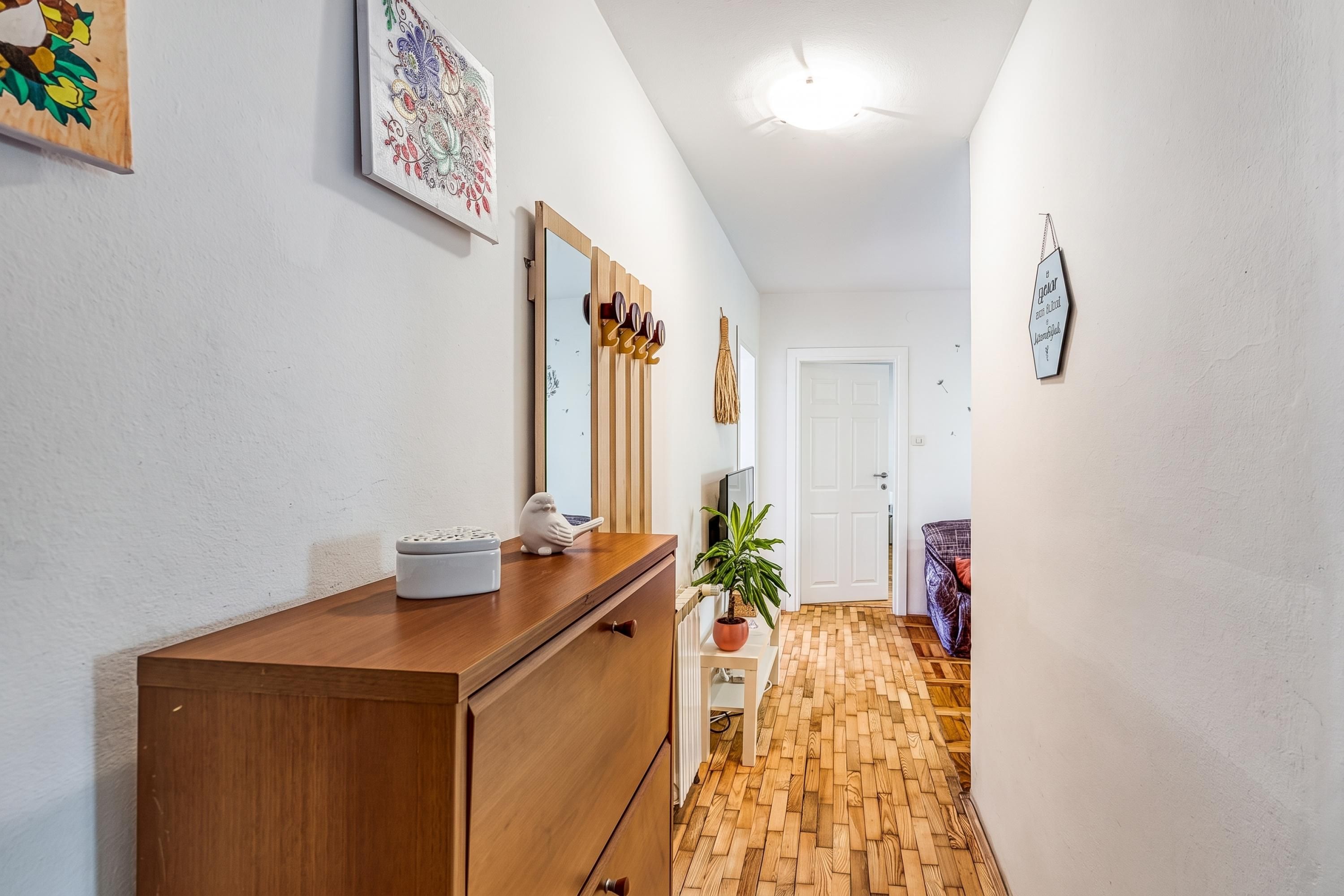 A hallway with a wooden dresser, a mirror, a potted plant, and a door at the end.
