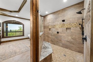 Shower, towels, shampoo