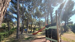 An outdoor playground with climbing structures and a slide, surrounded by trees and a clear sky. - 2-bedroom club villa with large terrace in holiday residence (SIX FOURS LES PLAGES)