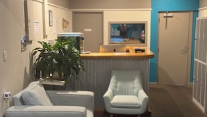 Un área de recepción con un mostrador, dos sillones, una planta en maceta y una pared azul.