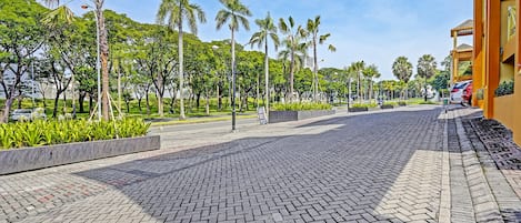 Uma passarela pavimentada, ladeada por palmeiras e vegetação, que conduz a um edifício com fachada amarela.