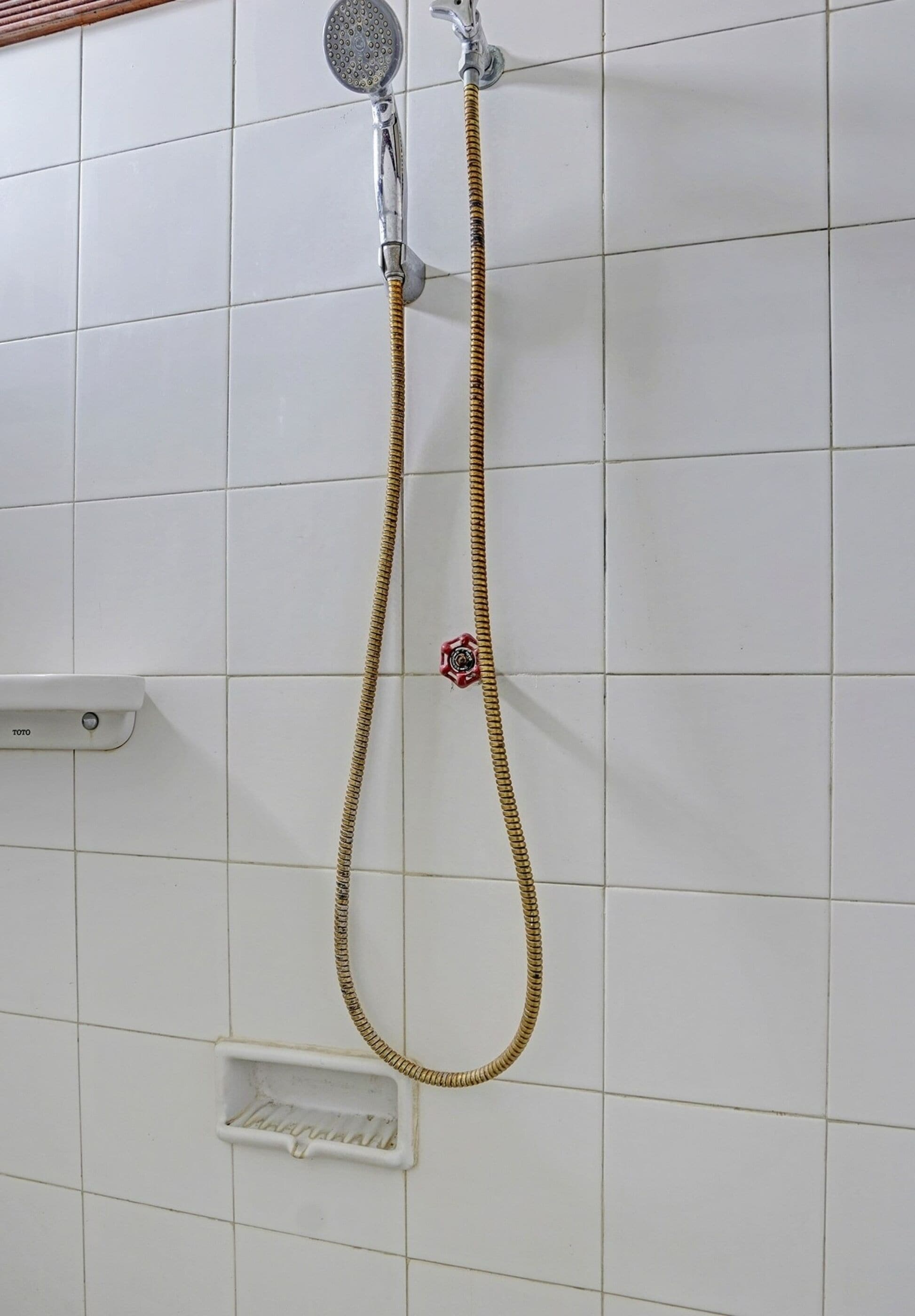A shower with a gold hose and a handheld showerhead mounted on a tiled wall.